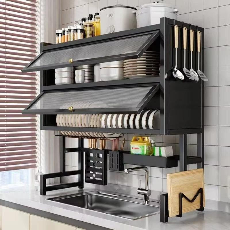 Égouttoir d'Évier de Cuisine Moderne Double Couche Rangement Anti-Poussière Organiseur d'Armoire de Vidange Porte Vaisselle Multifonctionnel