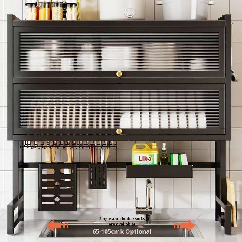 Égouttoir d'Évier de Cuisine Moderne Double Couche Rangement Anti-Poussière Organiseur d'Armoire de Vidange Porte Vaisselle Multifonctionnel