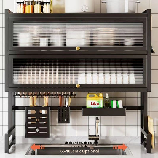 Égouttoir d'Évier de Cuisine Moderne Double Couche Rangement Anti-Poussière Organiseur d'Armoire de Vidange Porte Vaisselle Multifonctionnel